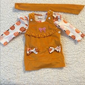 Orange Corduroy Dress with Bow Accents